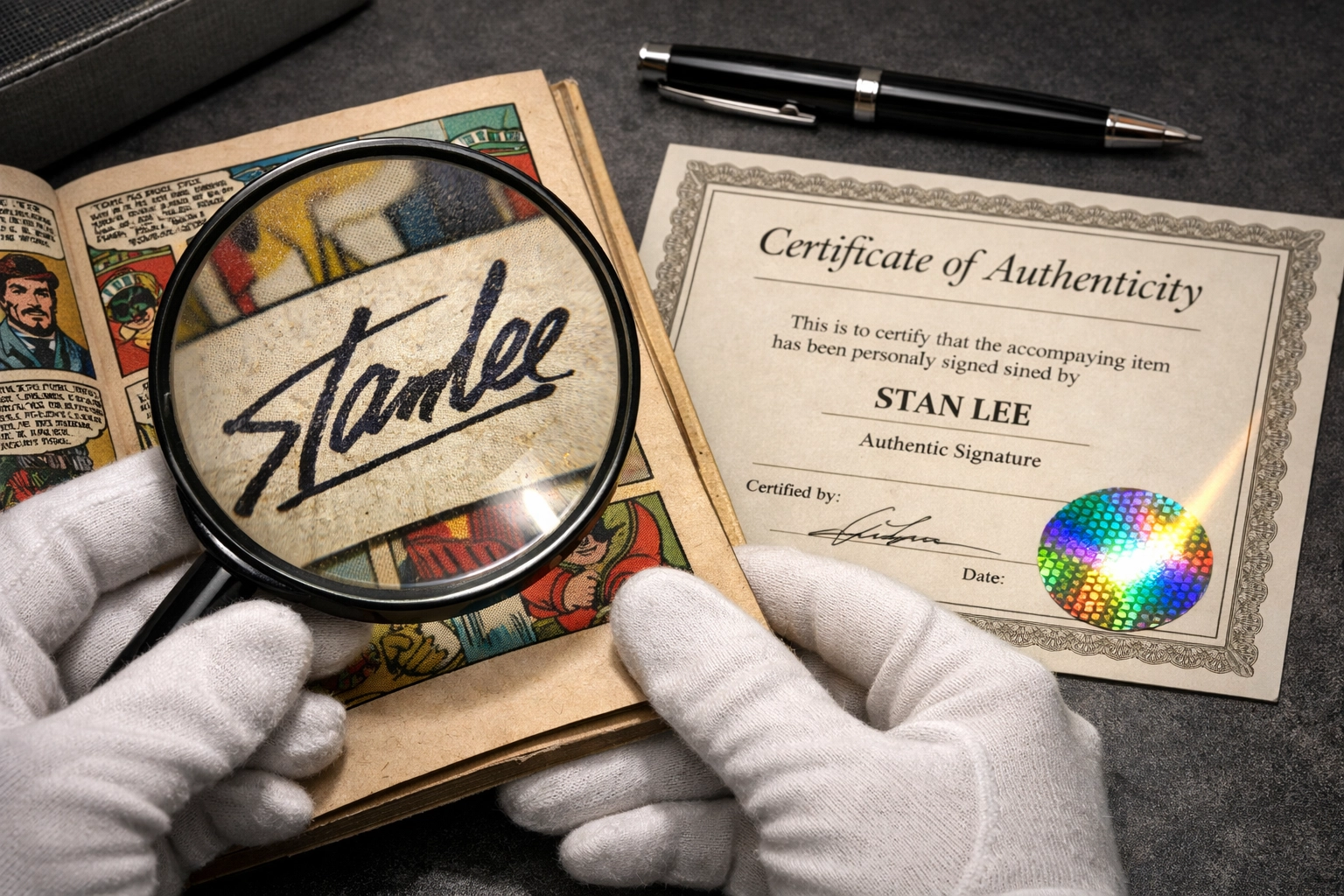 Expert verifying a Stan Lee autograph with a Certificate of Authenticity and magnifying glass.