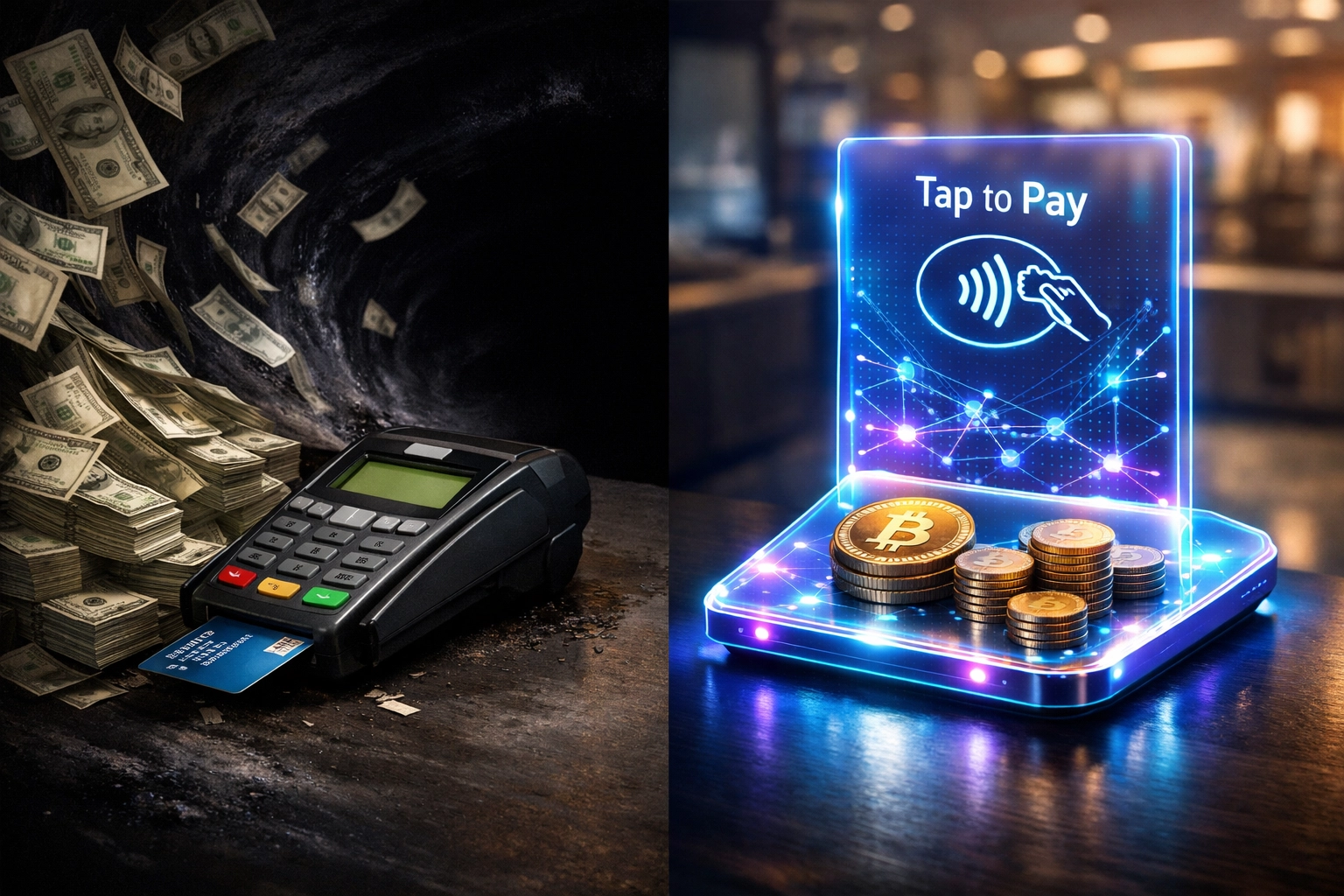 Comparison showing traditional merchant fees versus low-cost Web3 payment processing