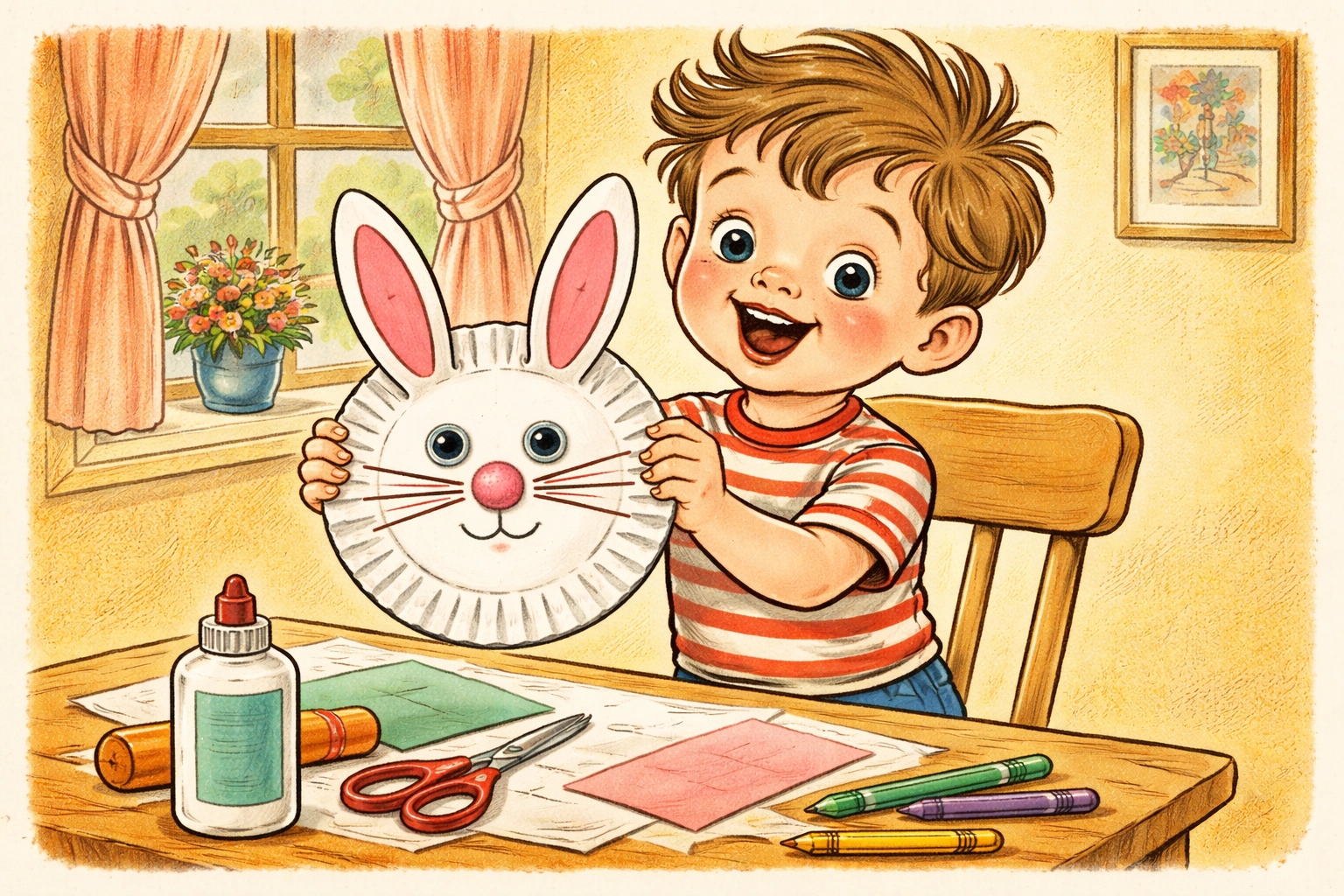 Young child proudly holding a finished paper plate bunny craft in a cozy home after crafting session.
