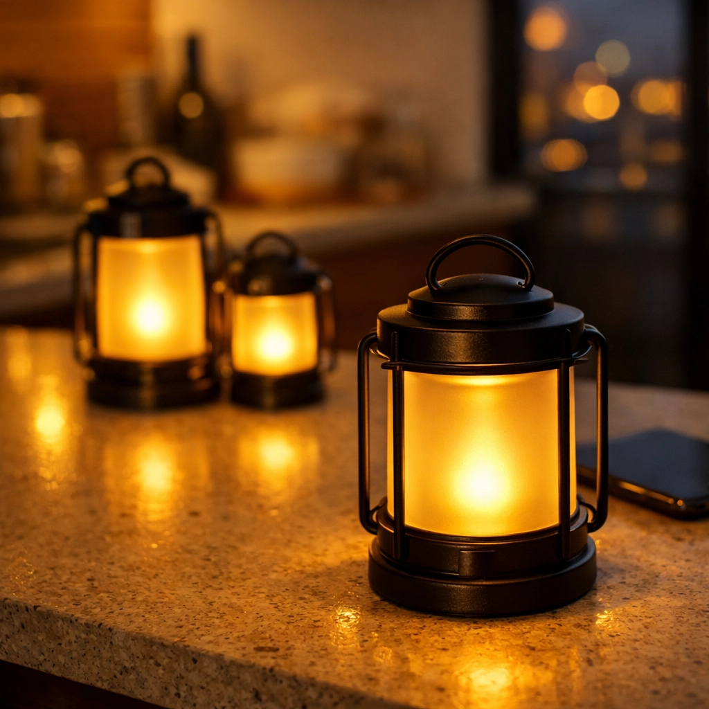 Battery-powered LED lanterns on kitchen counter providing safe emergency lighting during power outage Emergency Preparedness for Single Moms: How to Fix These 7 Dangerous Power Outage Mistakes