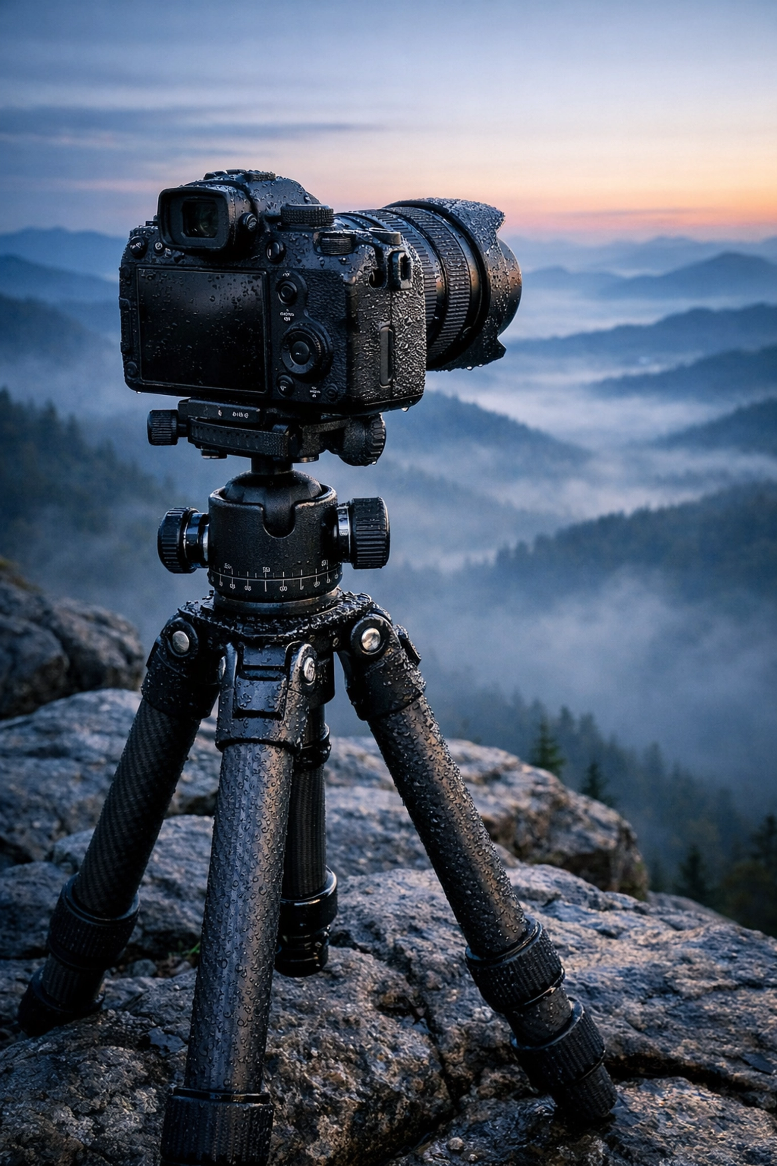 Professional landscape photography gear featuring a mirrorless camera and tripod at dawn.