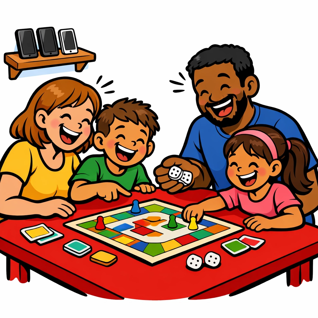 A happy family playing a board game together with smartphones put away to prioritize connection.