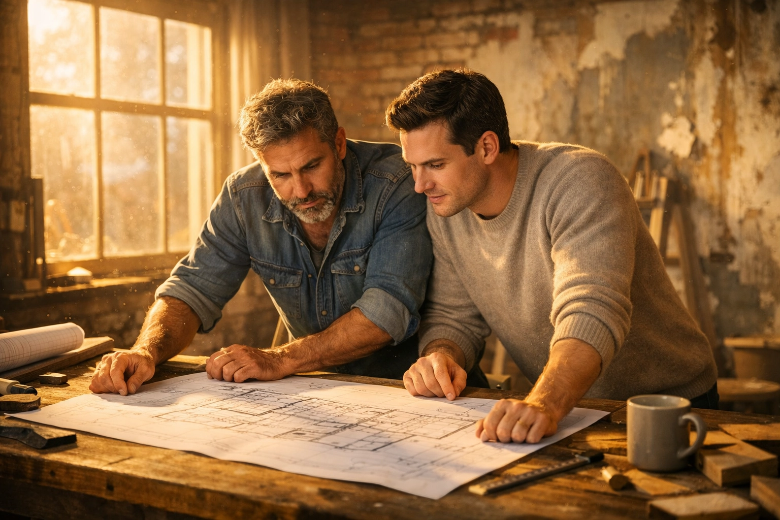 Handyman and homeowner looking at blueprints in a rustic room, a classic MM romance trope.