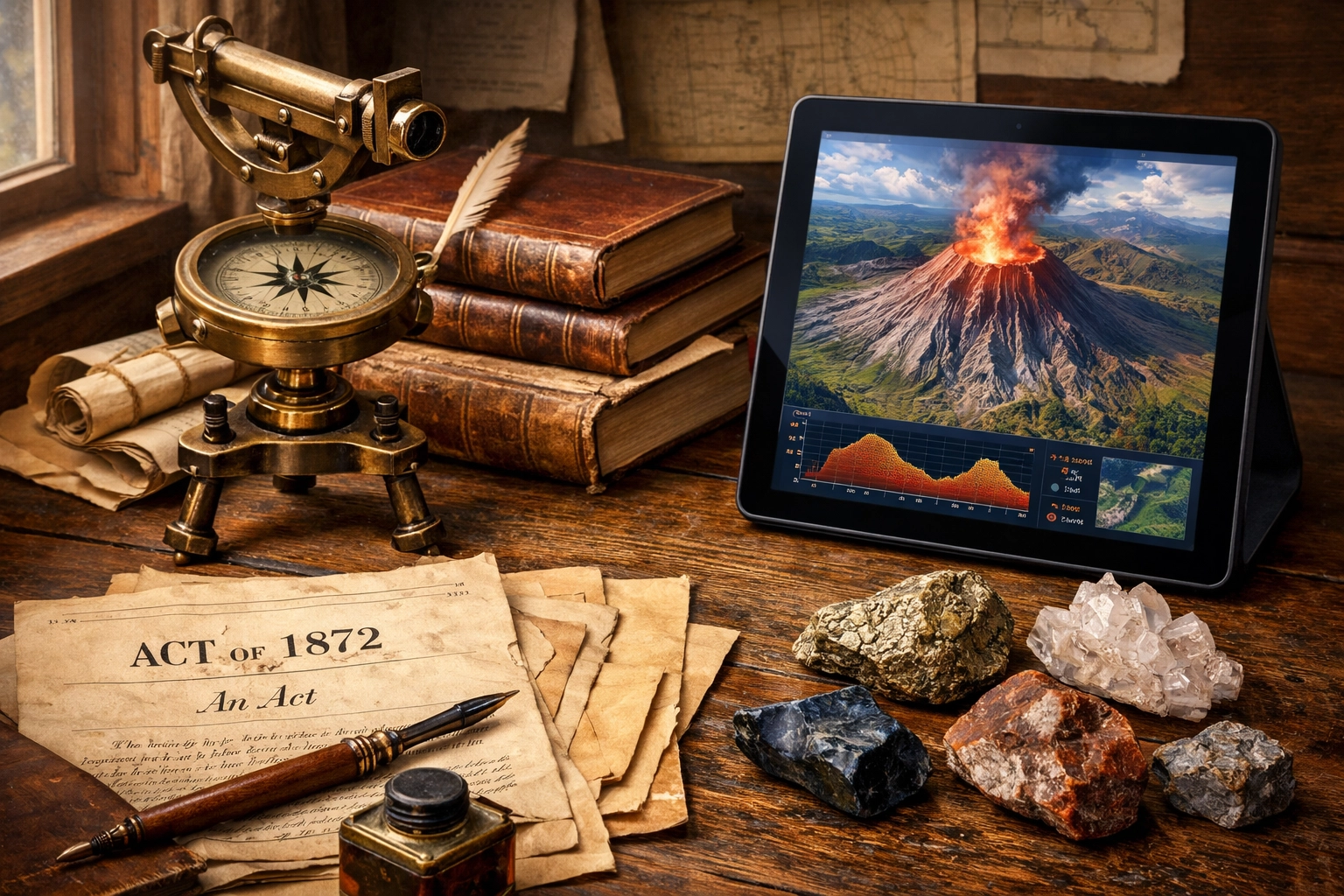 Historical journals and modern research tools illustrating the bridge between 1872 and current conservation.