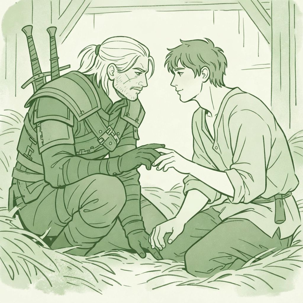 Cursed witcher meets farmhand in barn - MM fantasy romance illustration