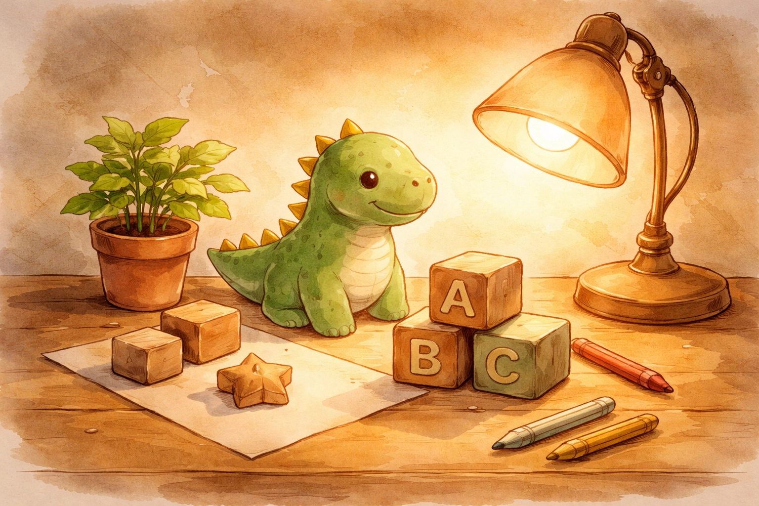 Shadow tracing art supplies for kids including toy dinosaur, wooden blocks, and a desk lamp on a table