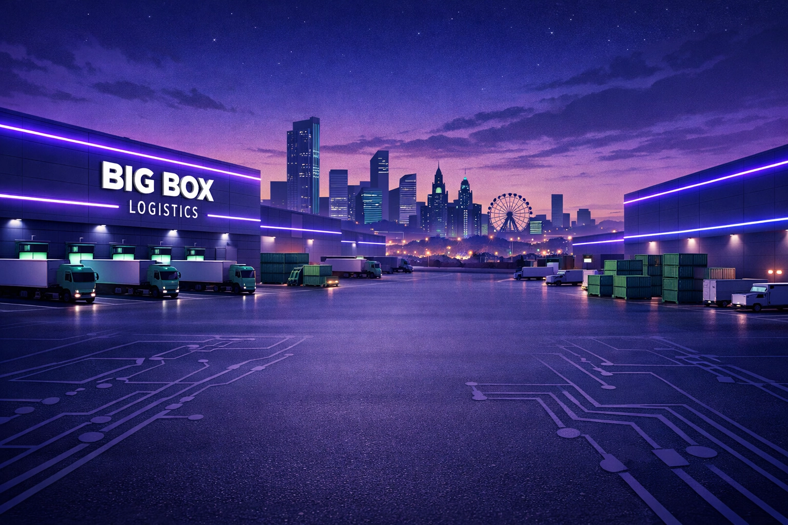 Modern logistics hub and warehouses with the Manchester and Liverpool skyline at twilight.