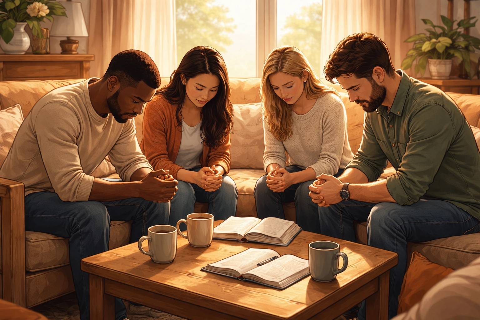 Diverse group praying together in a sunlit room, highlighting community and healing prayer support