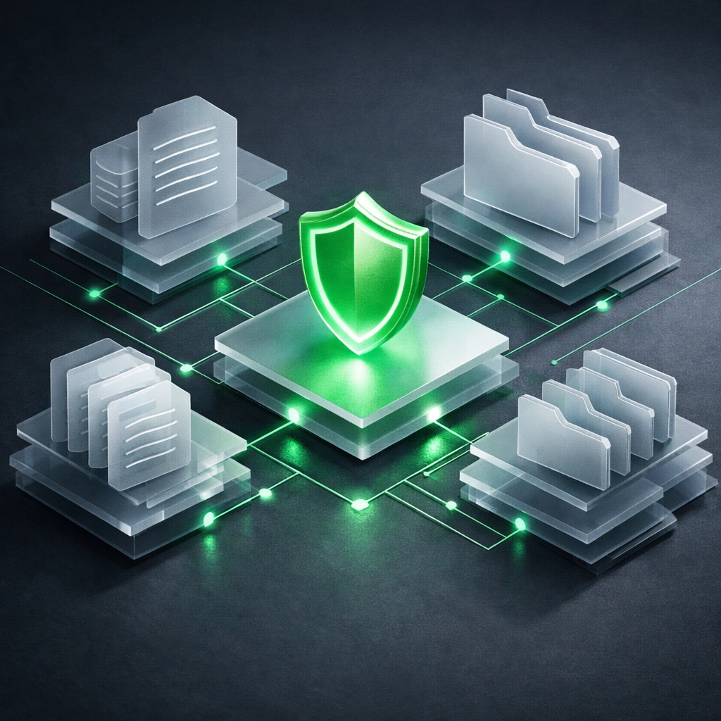 Organized digital folders and a security shield representing CMMC data protection for Ventura SMBs.