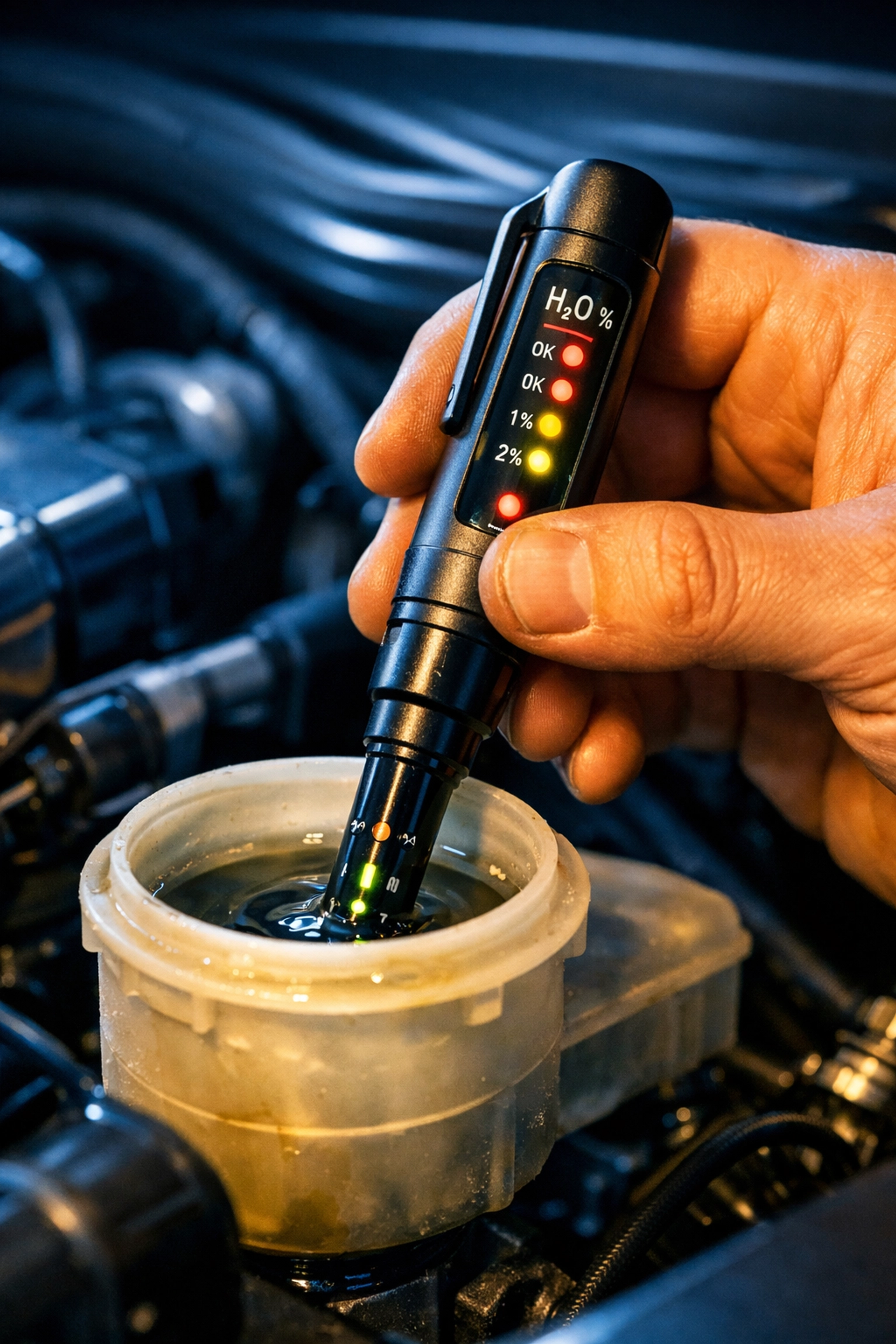 Professional mechanic testing brake fluid moisture levels to prevent brake failure in humid Venice Florida.