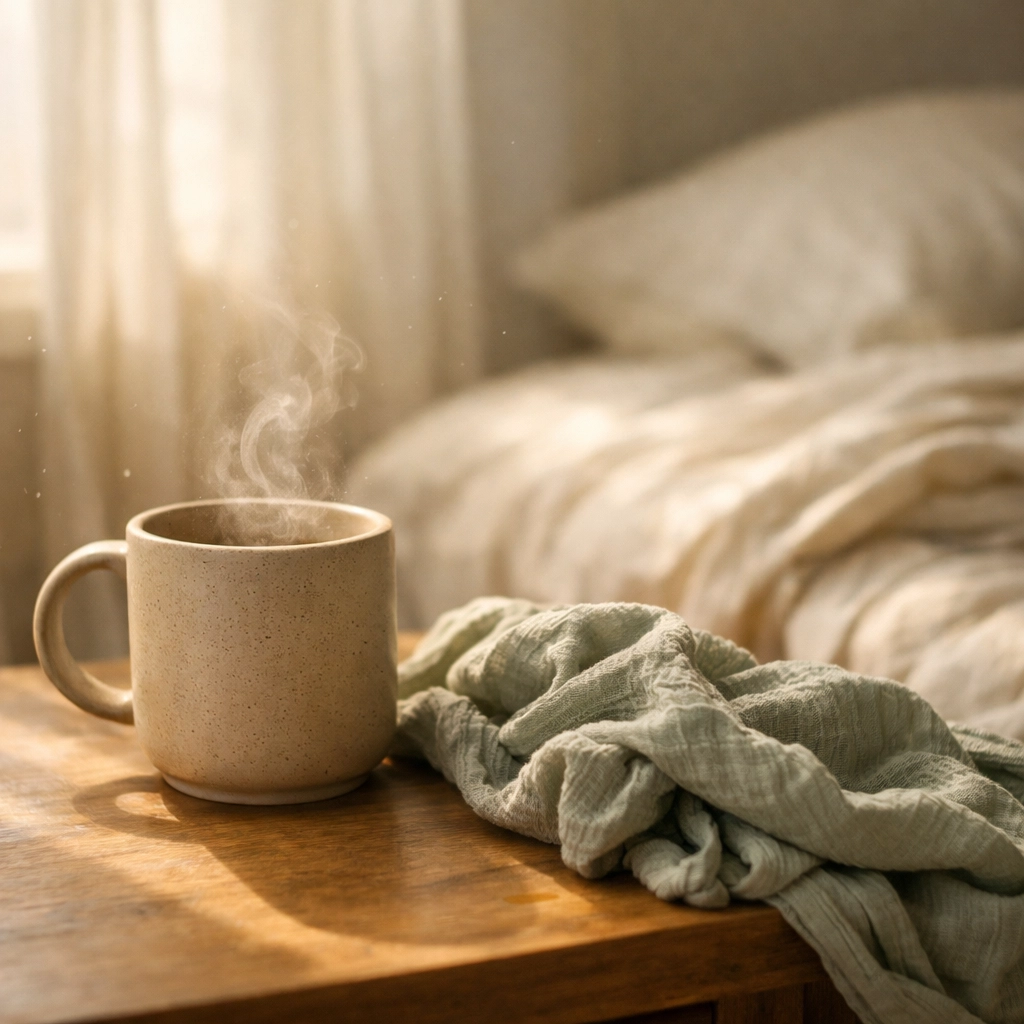 Postpartum recovery scene with a steaming mug and soft muslin swaddle on a bedside table in morning light.