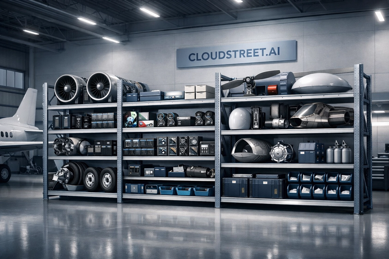 Organized aviation parts warehouse with certified components ready for B2B Commerce sales