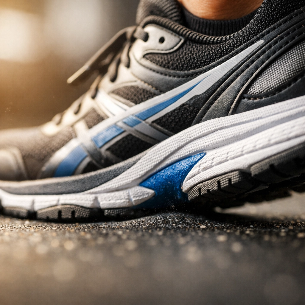 Proper landing technique on a gym floor showing shoe compression for safe joint impact during plyometrics.