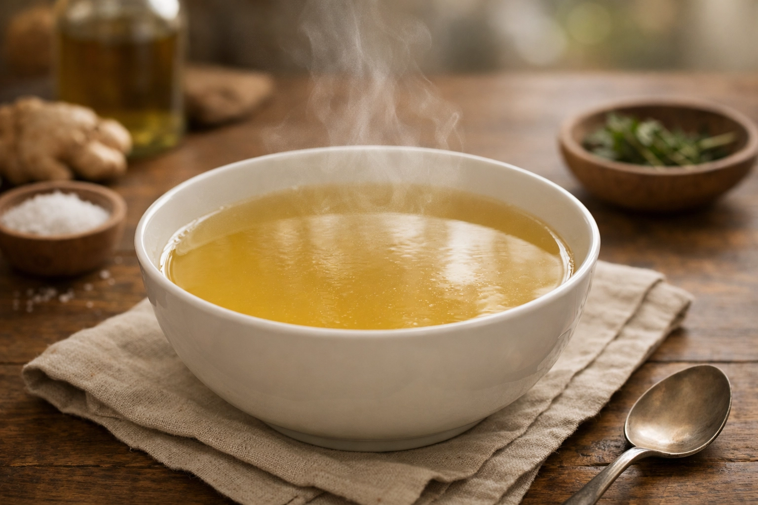 A clear, golden broth served in a simple white bowl, offering gentle, nutrient-rich hydration.