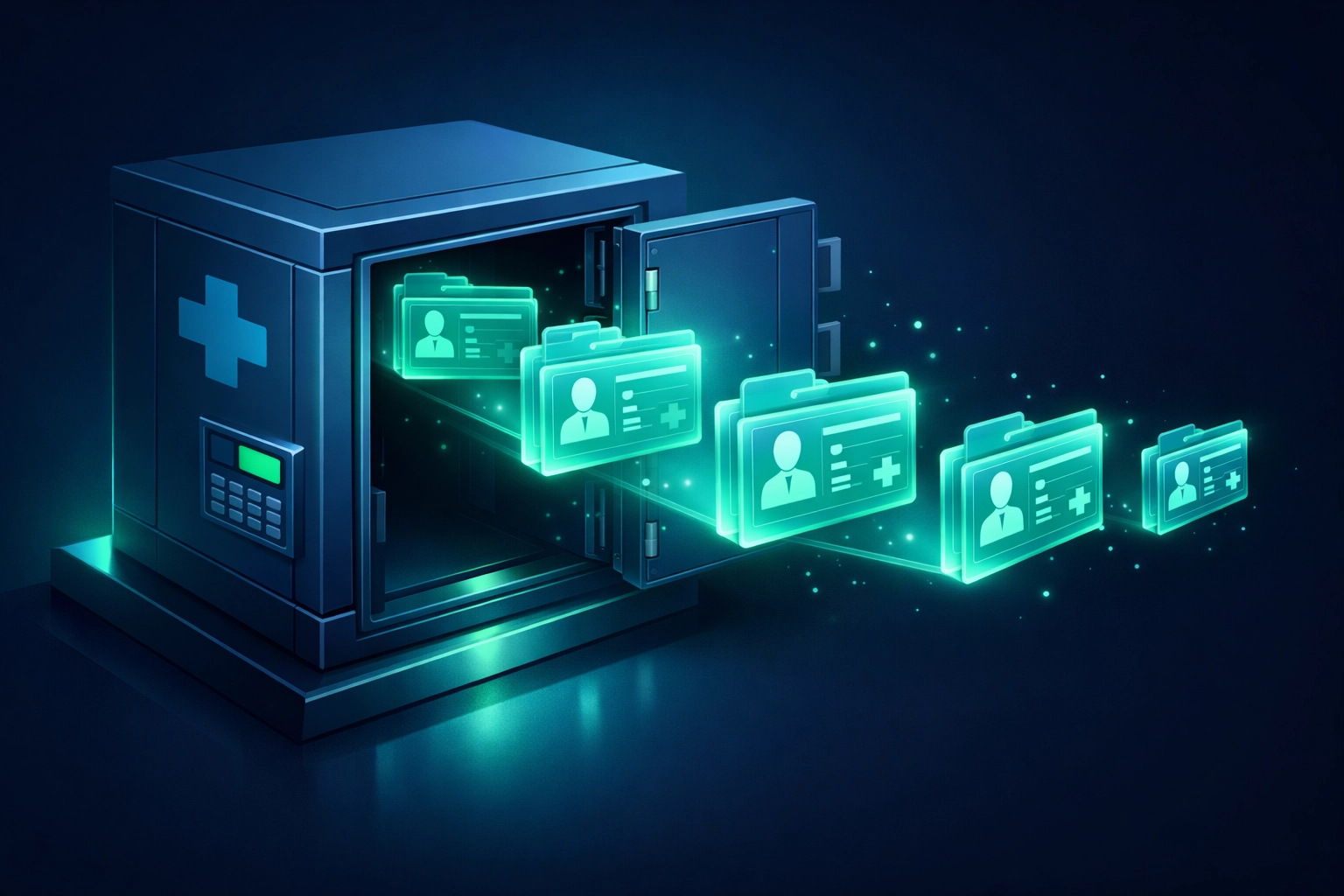 Digital illustration of a healthcare data breach showing patient records leaking from a secure vault.