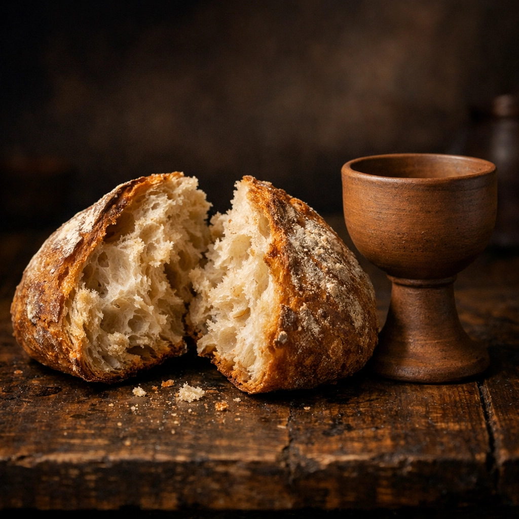 Broken bread and a clay chalice for communion, symbolizing Jesus' sacrifice during the Last Supper.