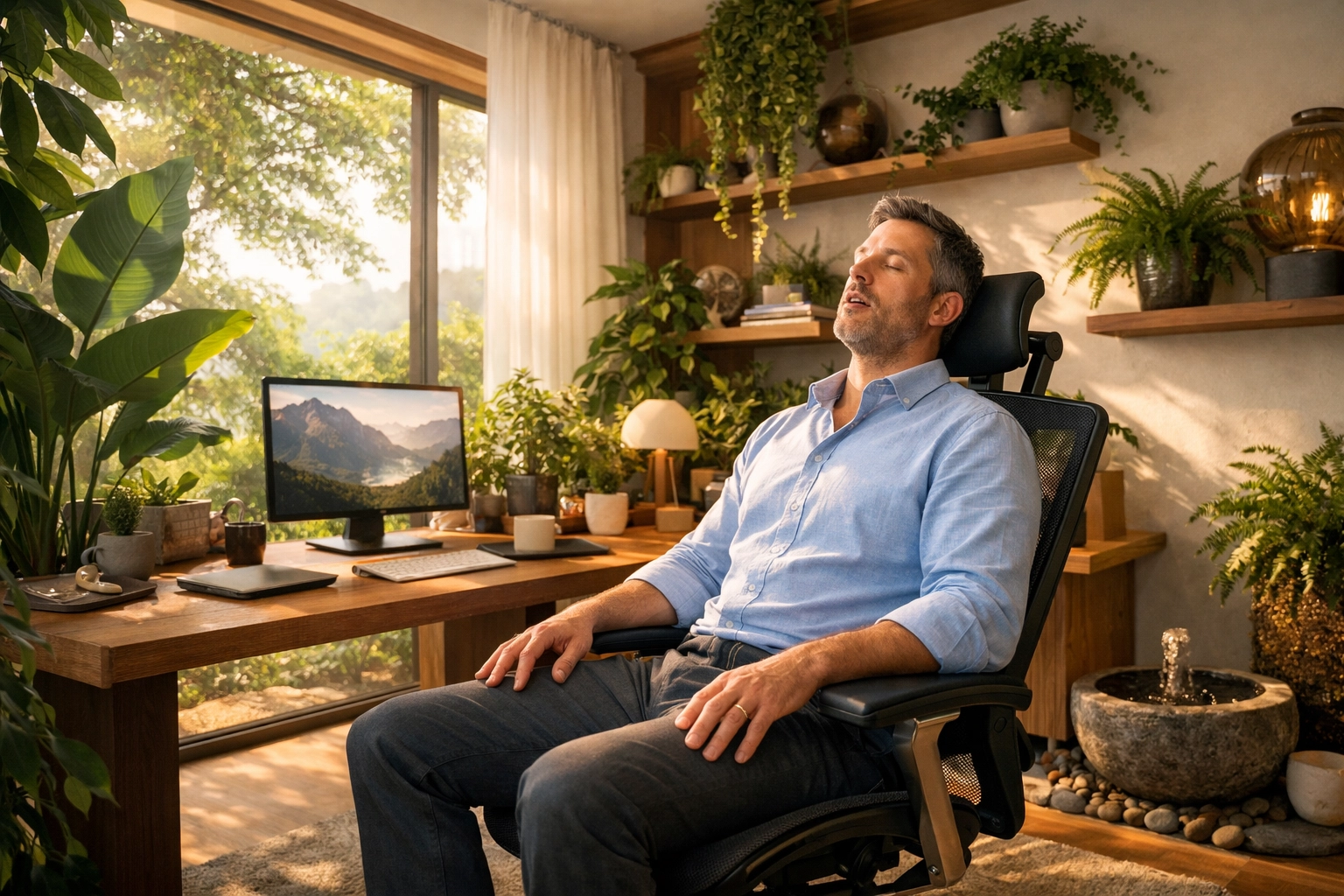 A professional practicing a physiological sigh in a biophilic office to reduce stress and improve focus.