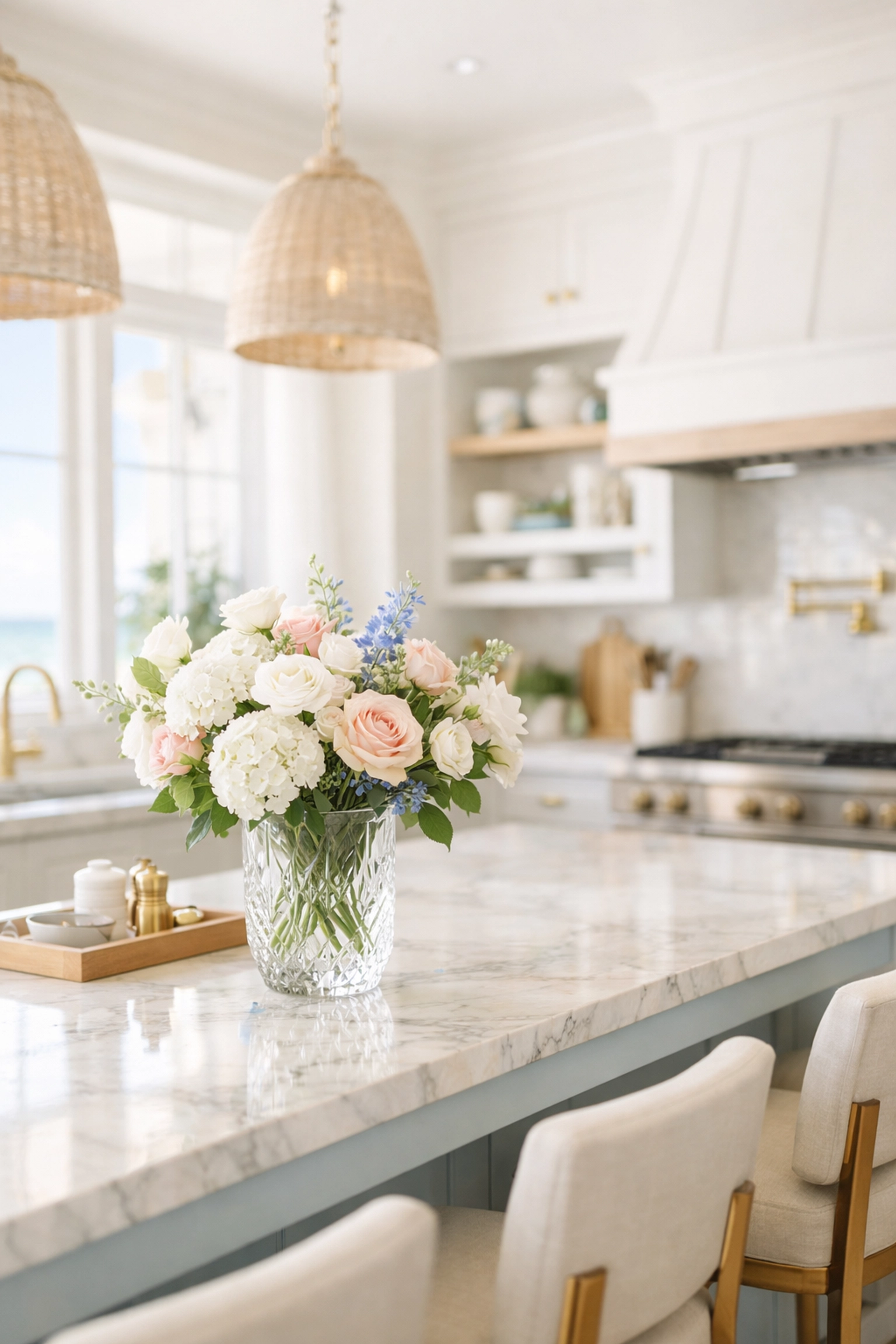 Luxury kitchen remodel with white cabinets and marble countertops in St. Augustine home