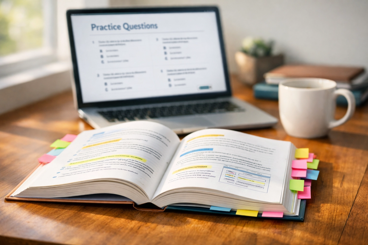 CLEP study guide with sticky notes and laptop showing practice questions on desk
