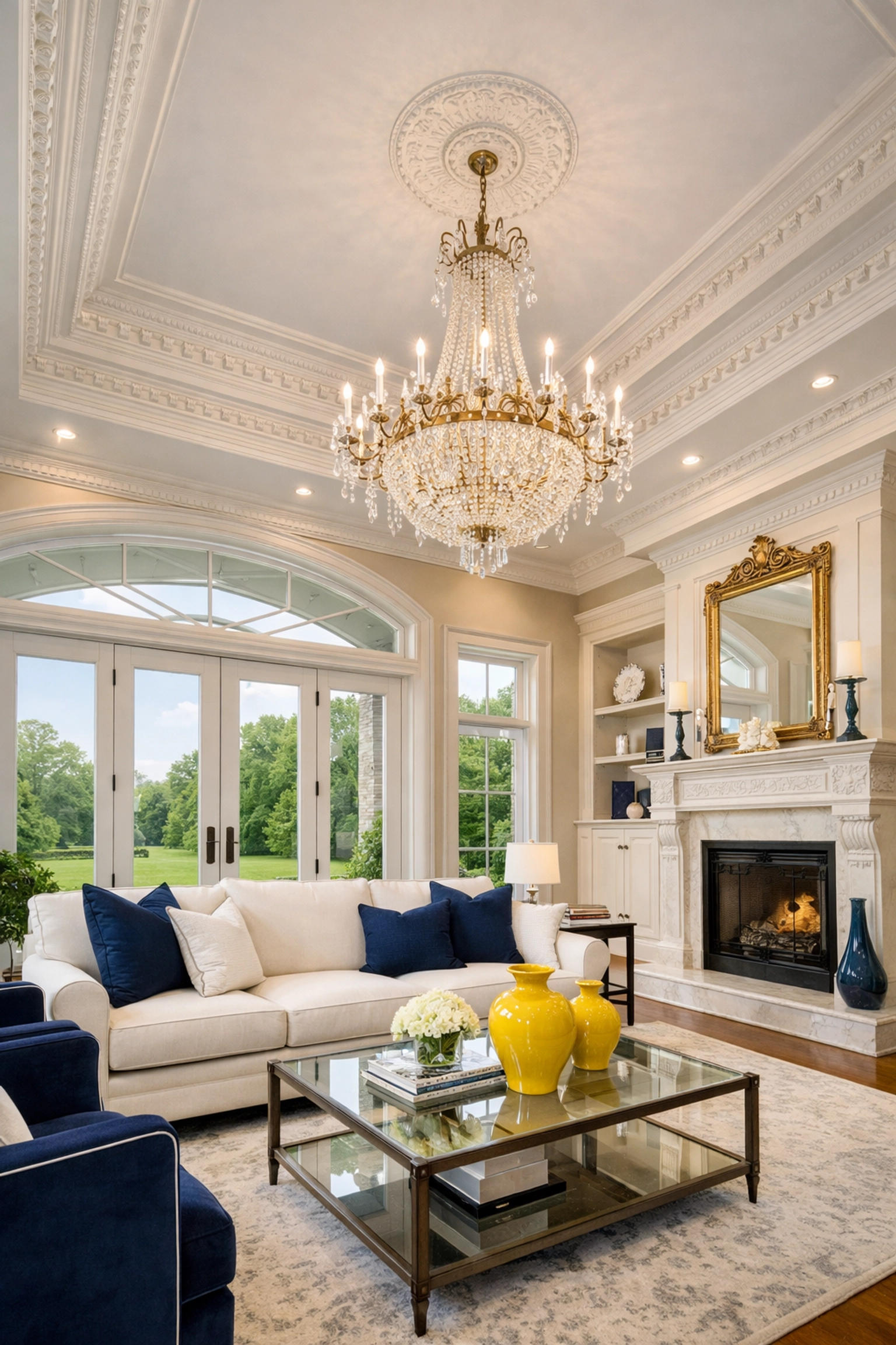 A grand Dover living area featuring dust-free crown molding and high-end residential cleaning Massachusetts.