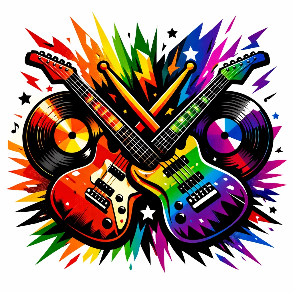 Rock guitars and instruments with rainbow colors symbolizing queer pride in music