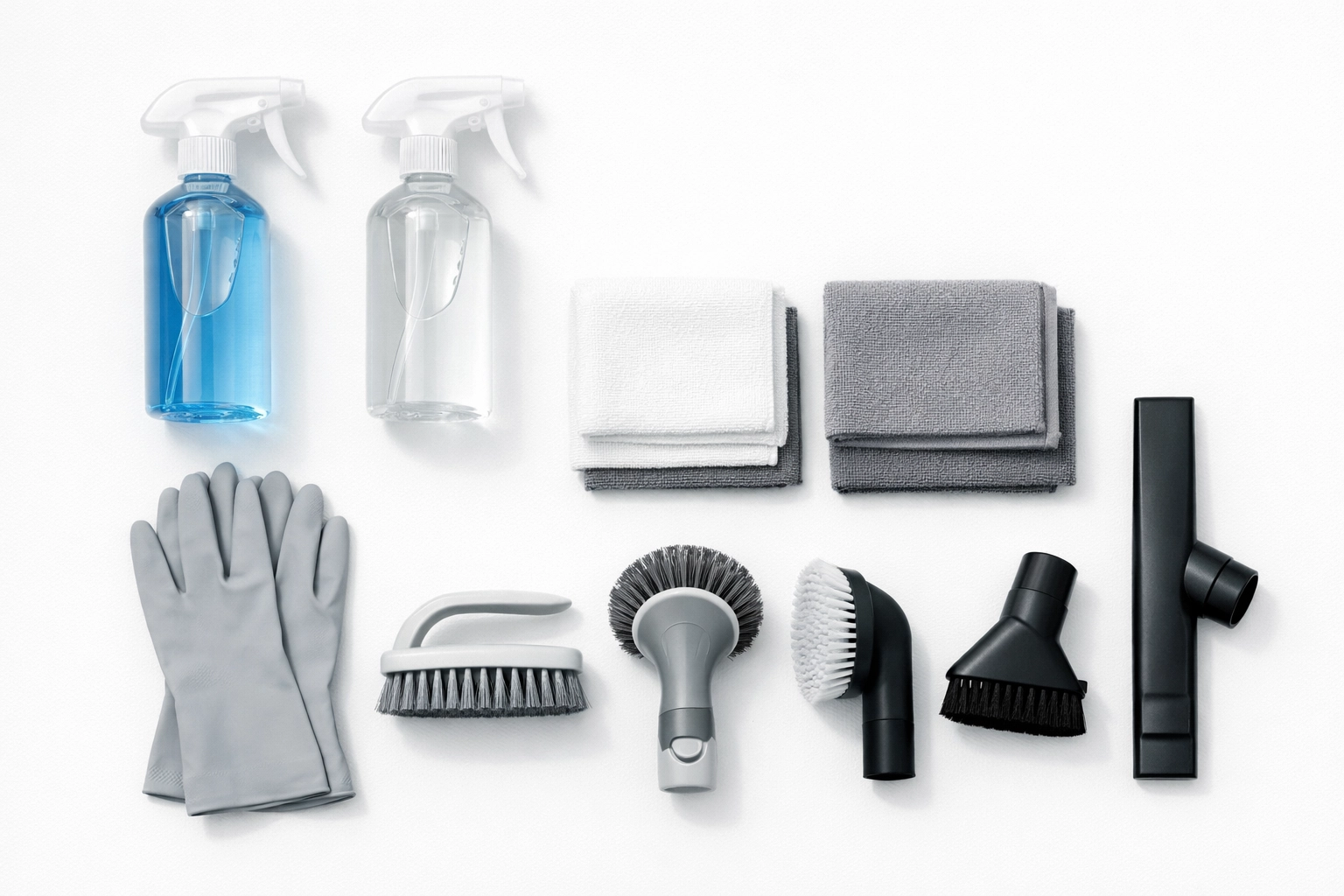 Organized apartment cleaning supplies and tools ready for turnover service