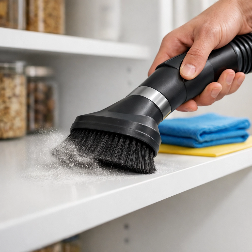 Using a soft brush vacuum attachment to remove fine dust from a white cabinet shelf.