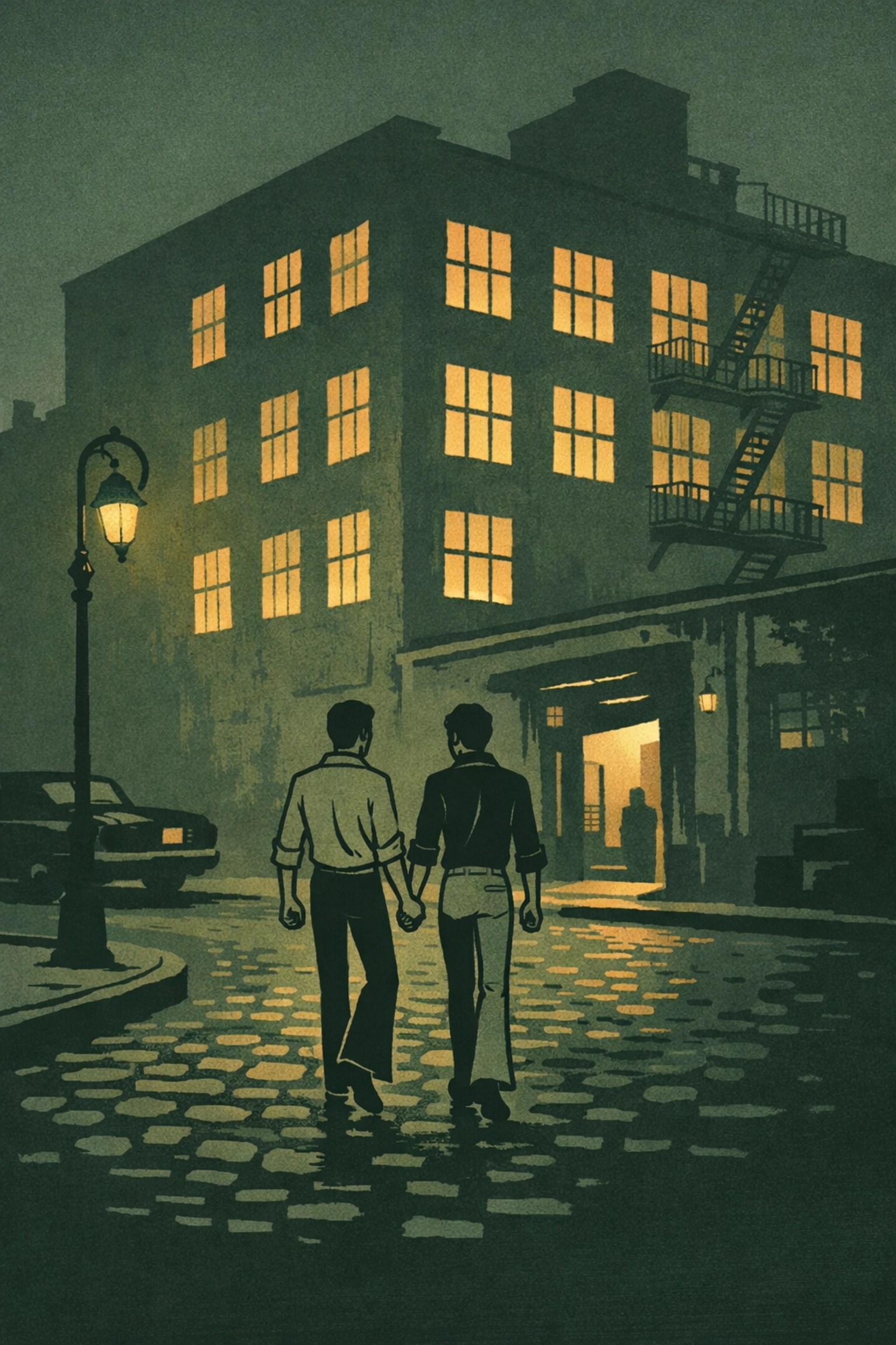 Two men arriving at Paradise Garage NYC nightclub entrance in 1970s disco attire