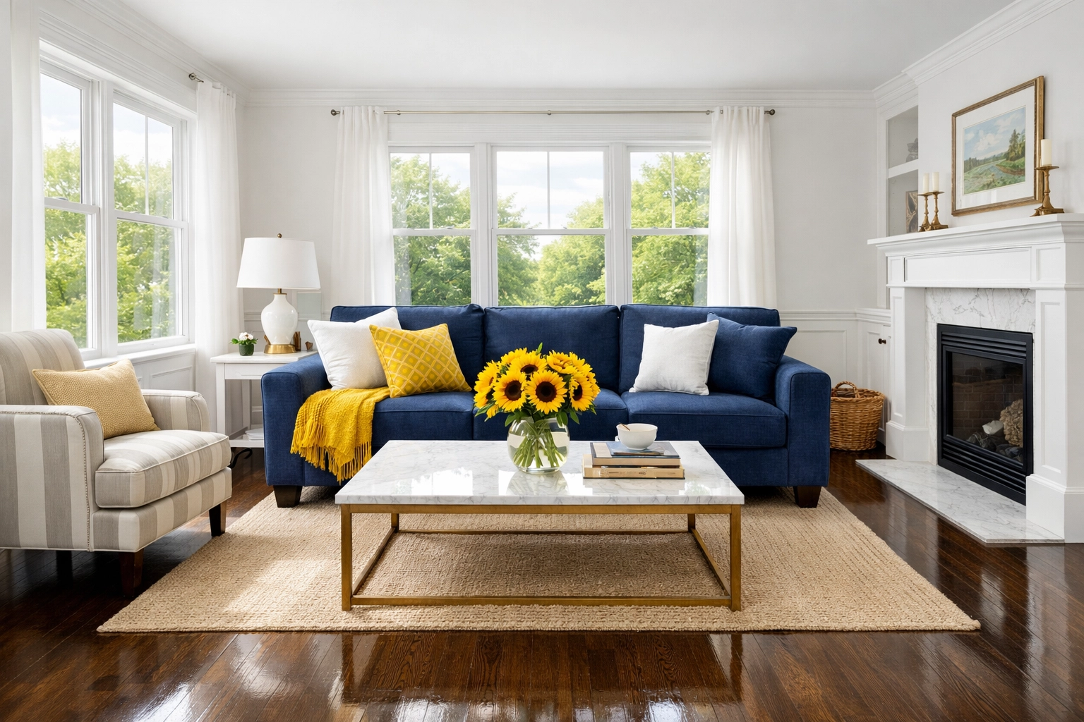 Sun-drenched Holliston living room with polished hardwood floors following a deep cleaning service.