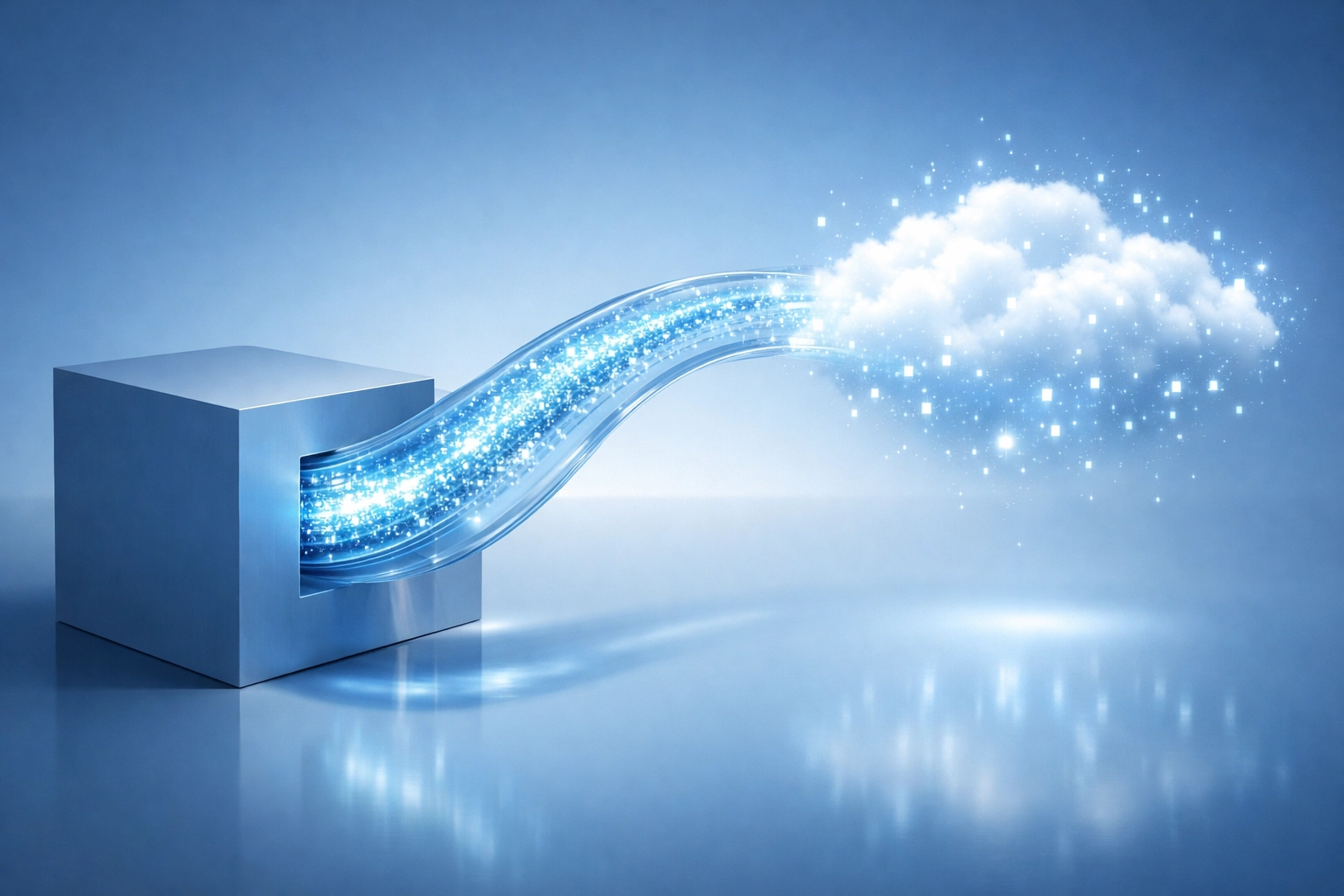 Modern AI data stream connecting legacy business systems to secure cloud workflows.