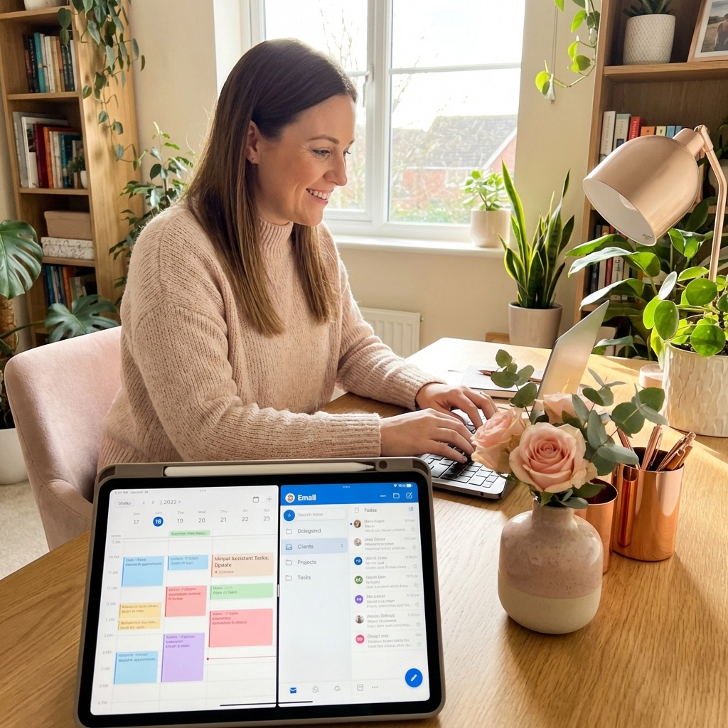 Professional woman working in an organized workspace, symbolizing relief through virtual assistant support.