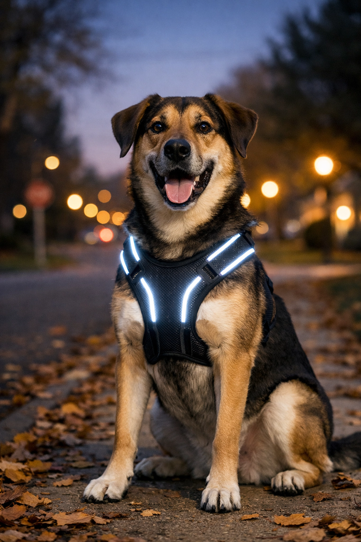 Black mesh dog harness with bright white LEDs for safe nighttime walks in Rochester Hills, Michigan.