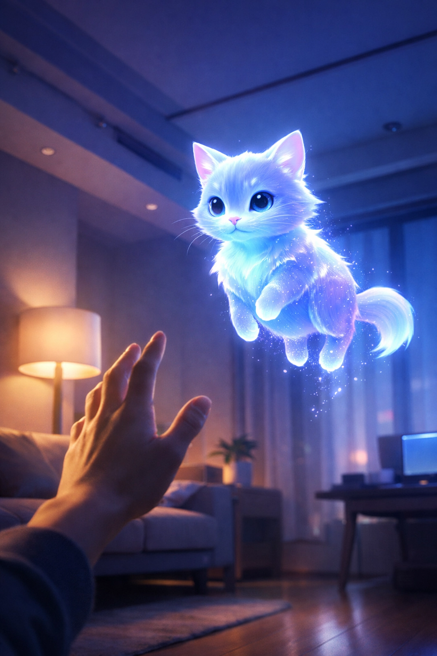 Young person reaching toward holographic AI pet in modern apartment