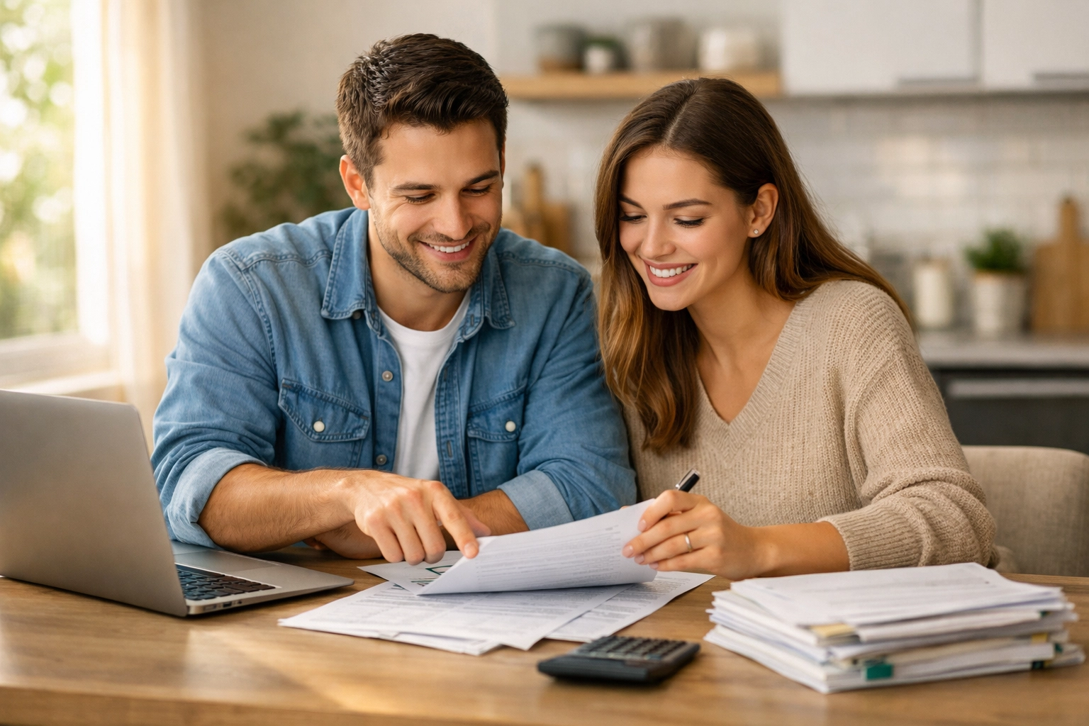 Couple reviewing loan documents and financial paperwork together at kitchen table