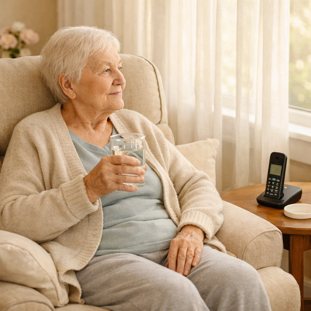 Senior recovering in comfortable chair with water after safely getting up from fall