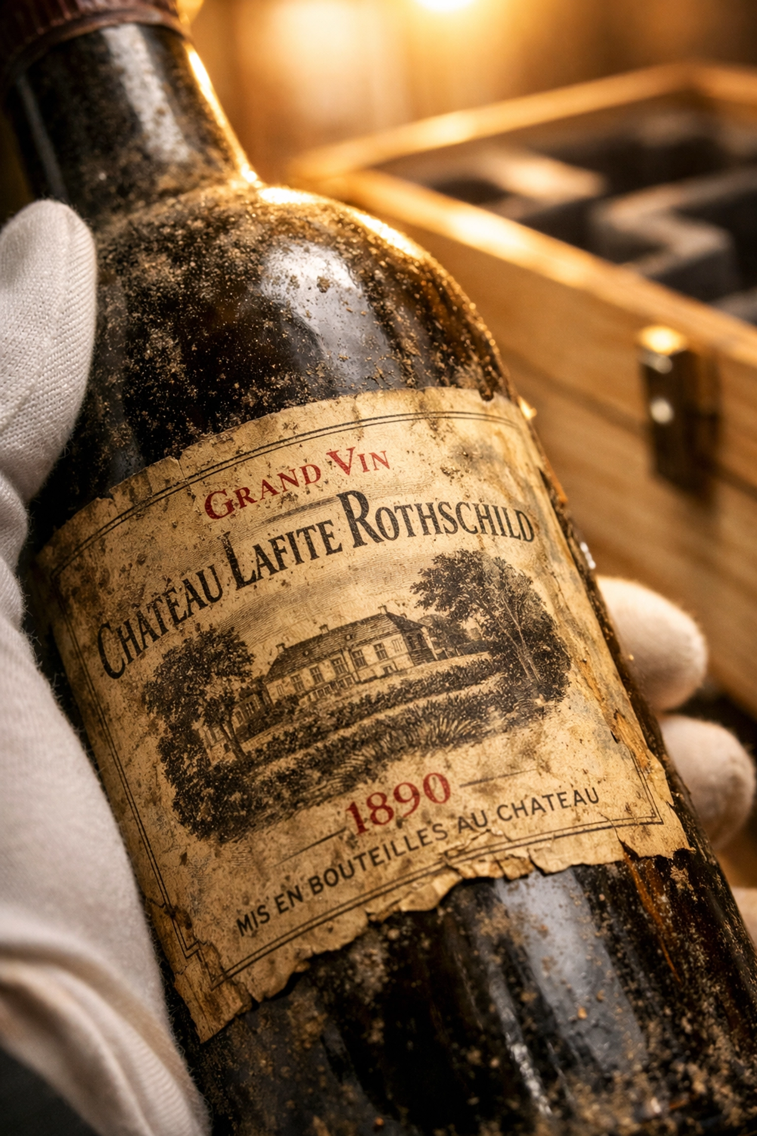 Rare vintage wine bottle in a protective shipping crate ensuring safe transit and value preservation.