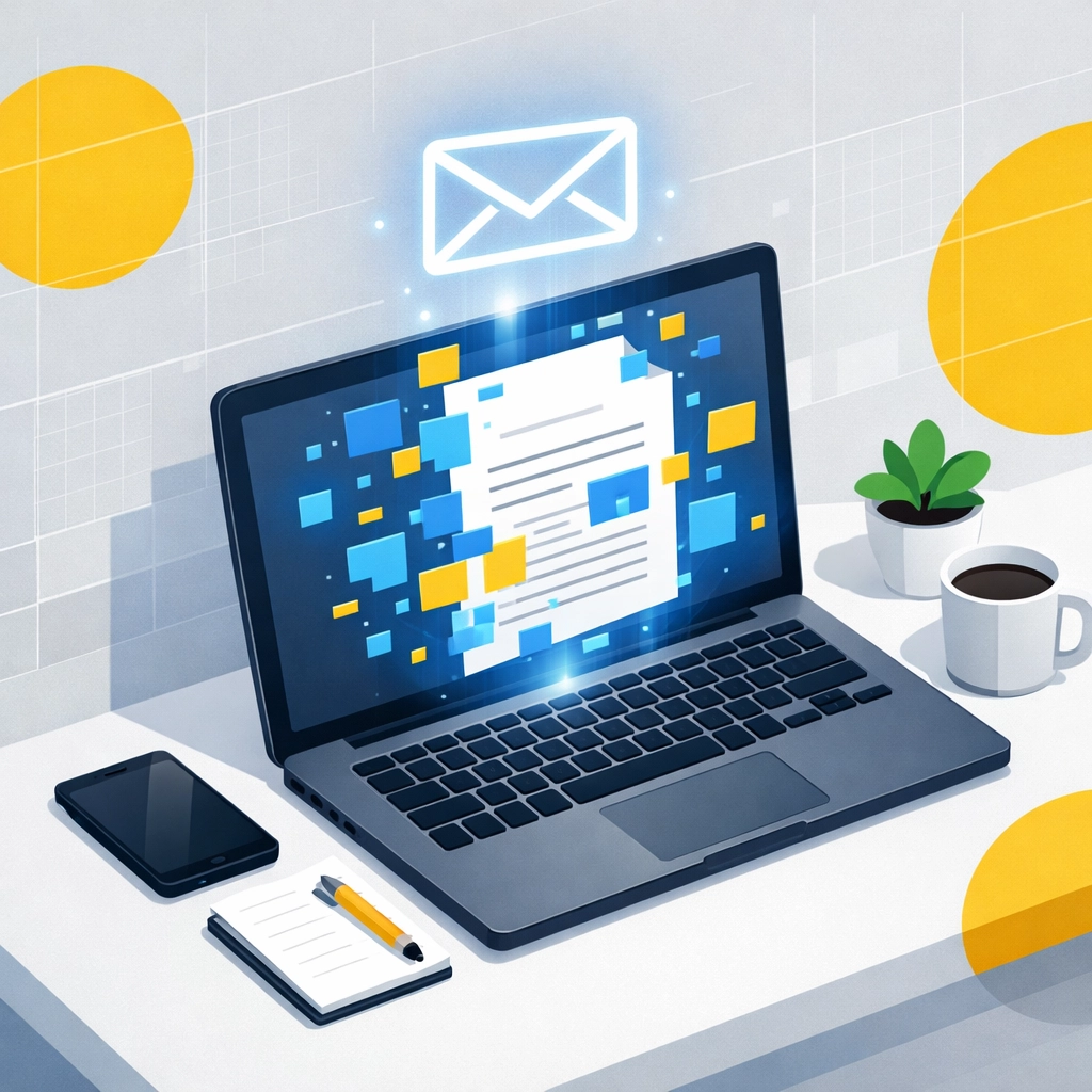 Illustration of AI productivity tools automating email drafts and document creation at a workstation.