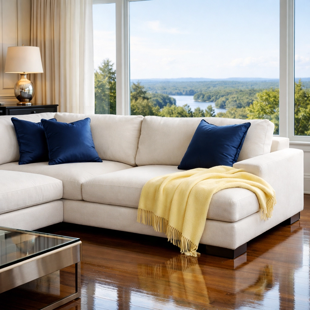 Polished living room floors and tidy furniture following a house cleaning Shirley MA visit.