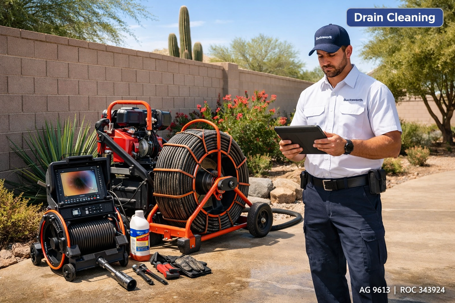 Professional drain cleaning equipment and technician performing a digital pipe inspection in Phoenix AZ.
