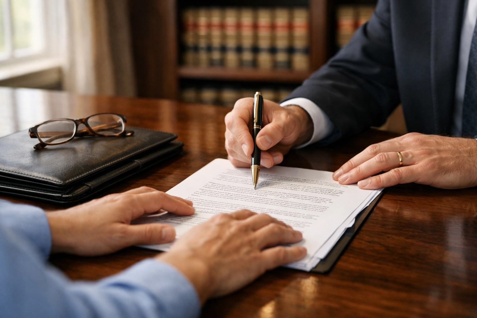 Divorce attorney in Fredericksburg VA reviewing settlement agreement with client at desk