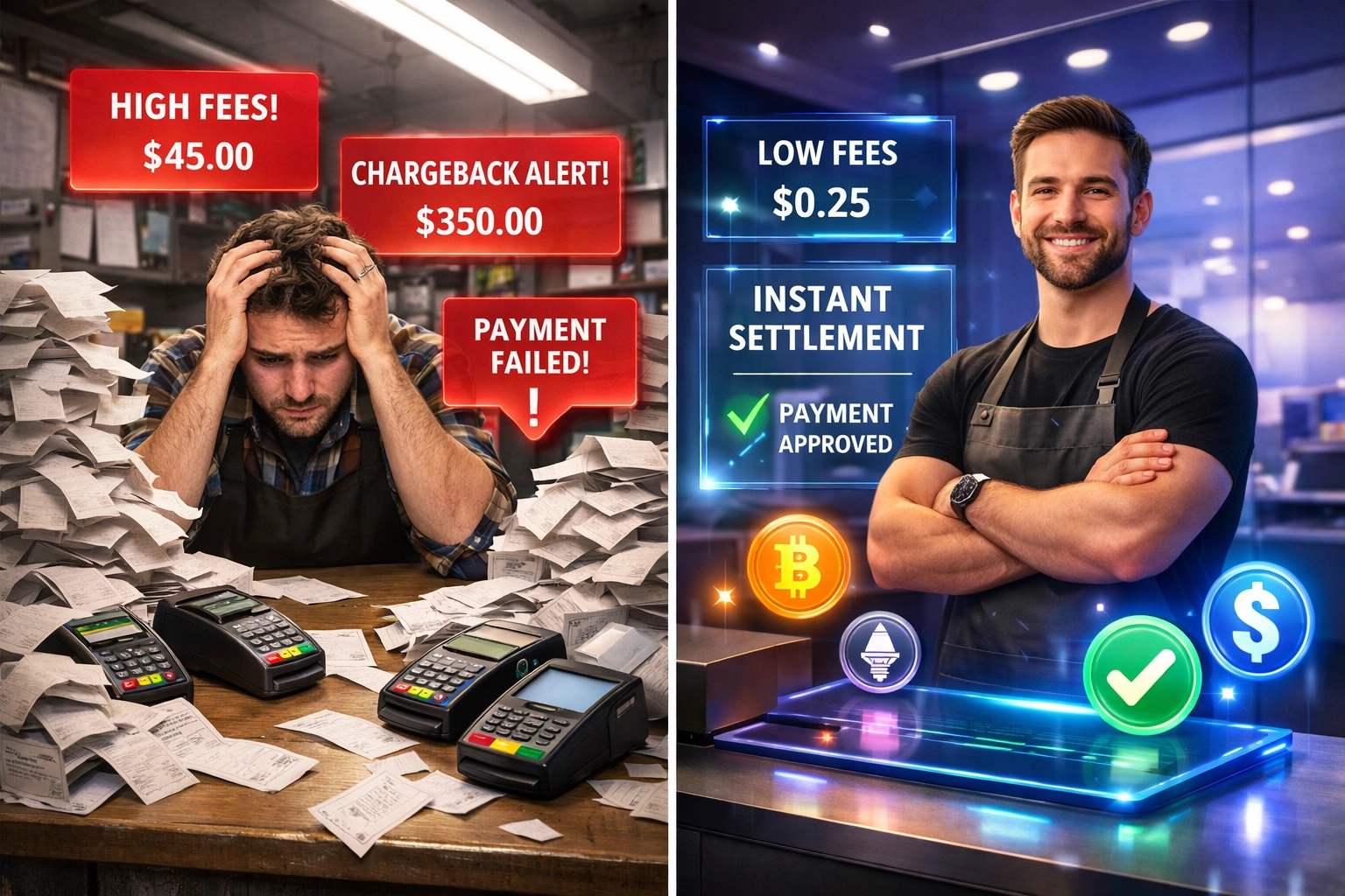 Traditional payment processing vs crypto payments comparison showing fee savings for merchants