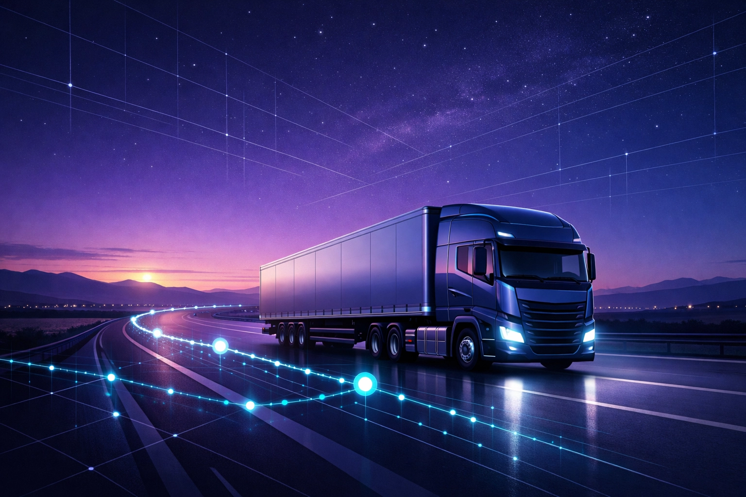 Modern HGV driving on a highway with digital routing representing 2026 logistics trends.