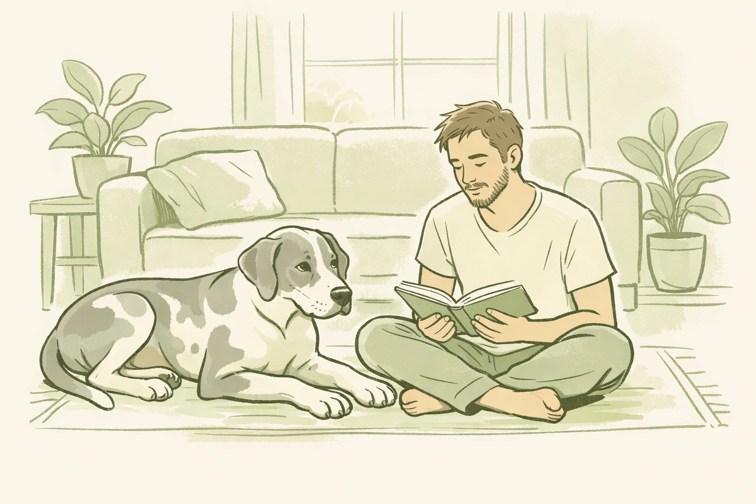 Gay man building trust with rescued Great Dane at home