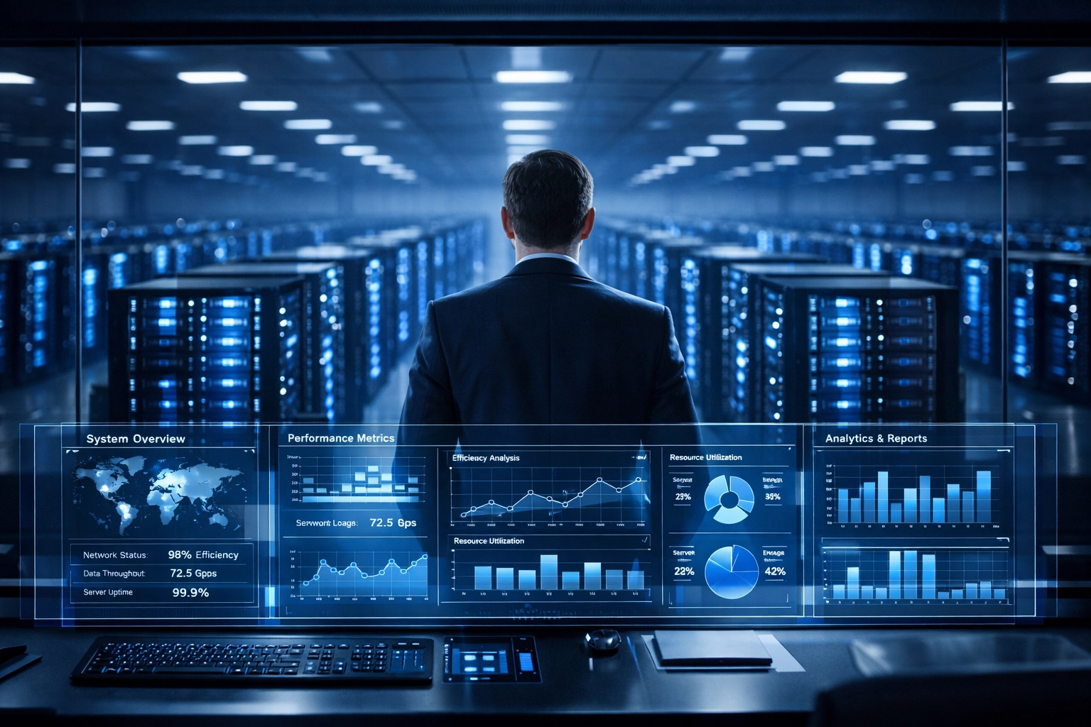 Strategic technology advisor monitoring server racks for efficient business IT solutions.