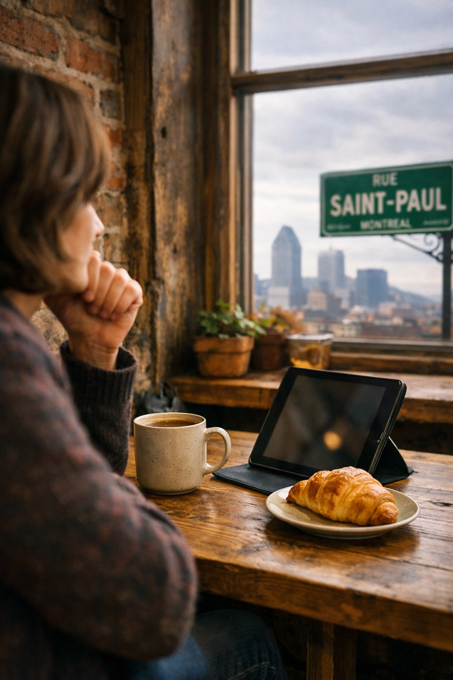 A person in a Montreal cafe reading news about global energy and the Strait of Hormuz on a tablet.