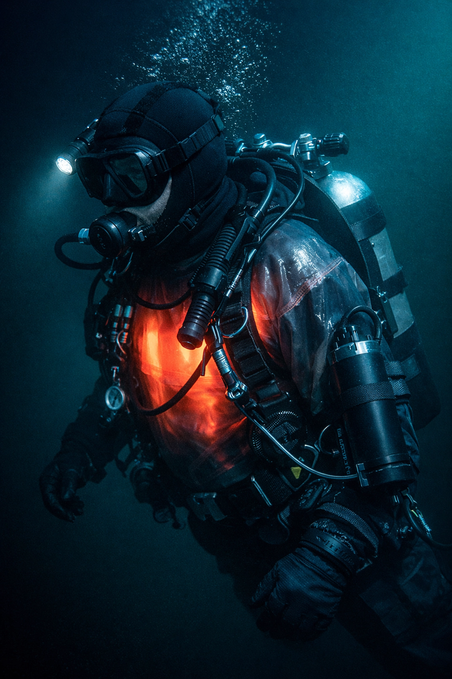 Taucher mit elektrischem Heizsystem und Akkutank am Trockentauchanzug unter Wasser