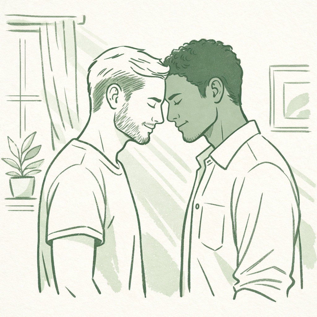 Minimalist drawing of two men touching foreheads, capturing the deep connection of a demisexual relationship.