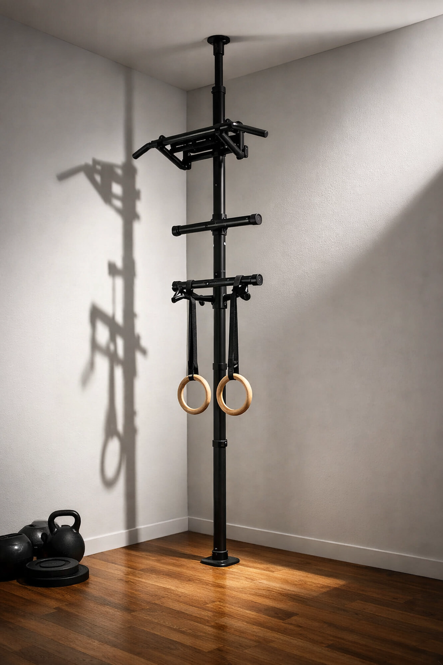 Floor-to-ceiling pull-up system with no wall damage for home calisthenics gym