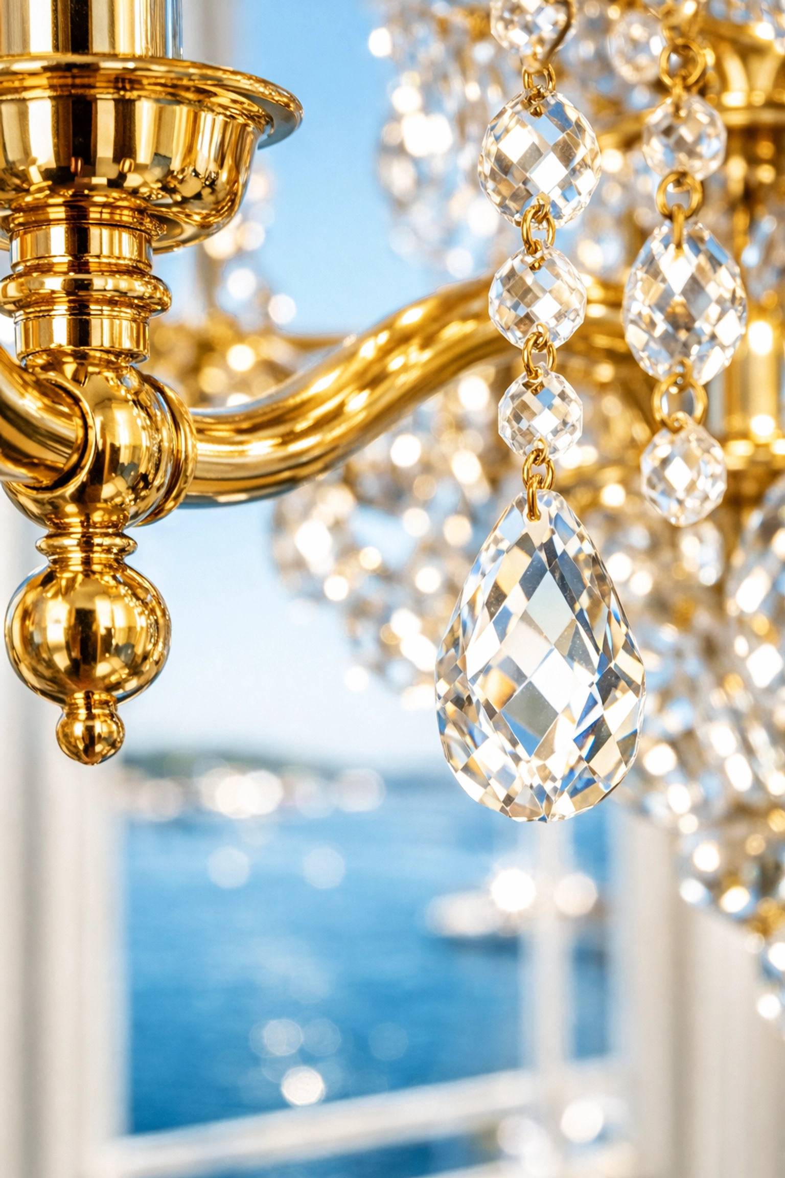 Precision Hingham luxury cleaning of crystal chandeliers and brass fixtures in a waterfront estate.