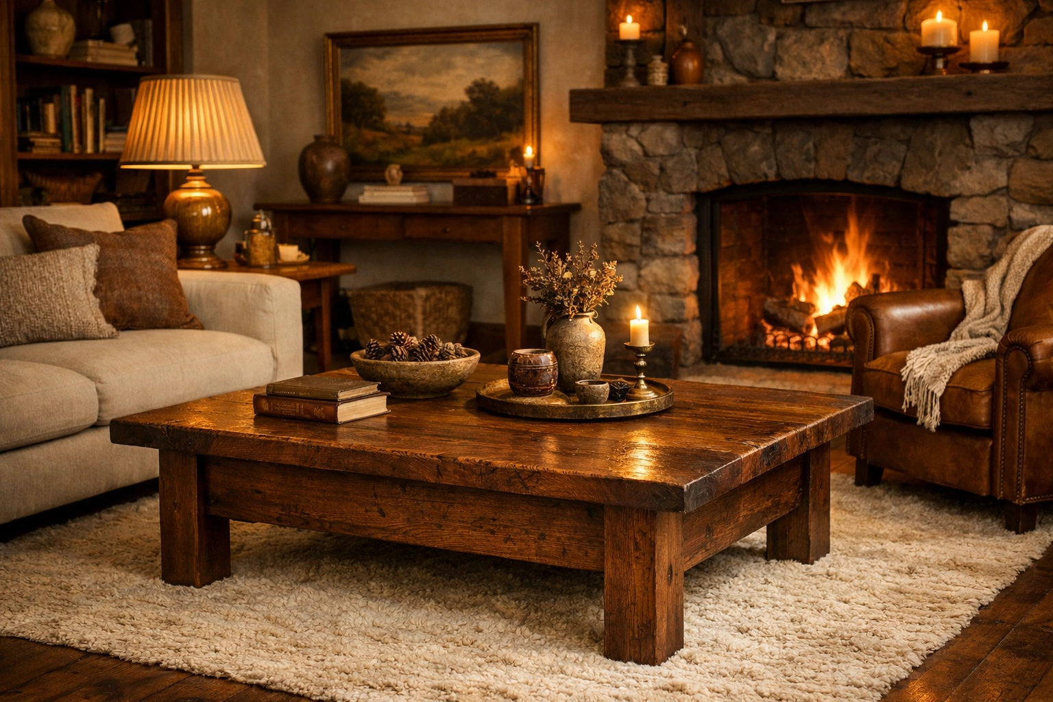Modern Heritage living room featuring a handcrafted solid walnut coffee table and curated artisan home accessories.